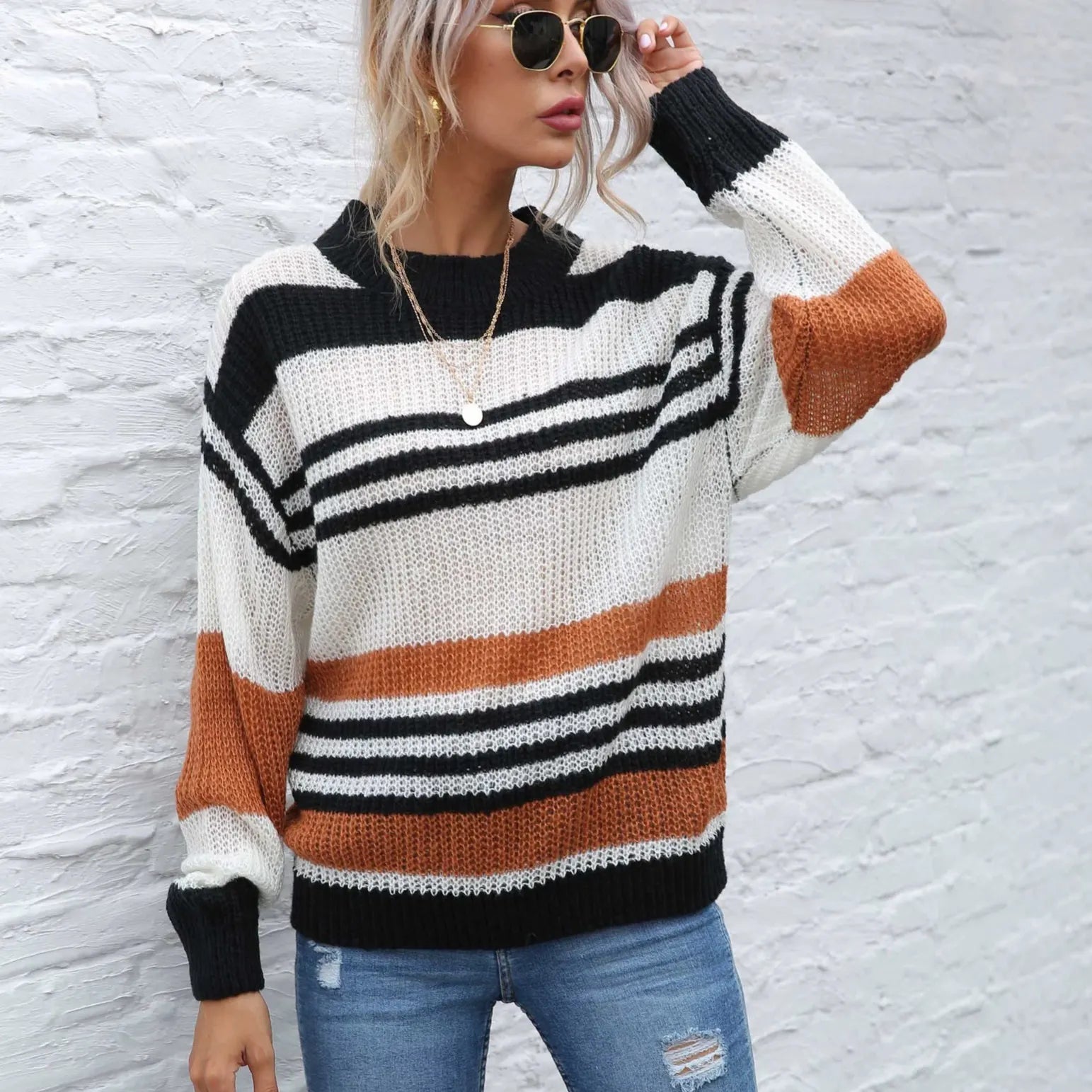 Color Block Striped Crew Neck Sweater Oversized Long Sleeve Knit Pullover