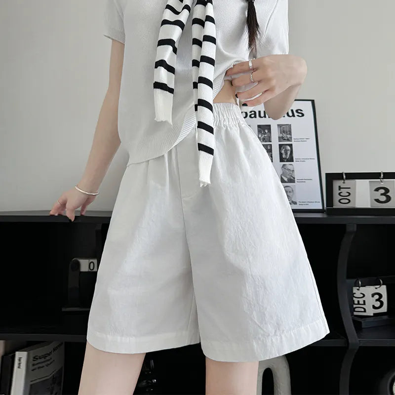 High Waist Elastic Waistband Micro-Stretch Cotton Wide-Leg Five-Point Shorts
