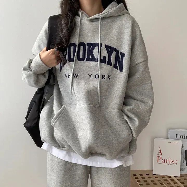 Brooklyn New York Letter Embossed Oversized Pullover Hoodie Casual Loose Sweatshirt