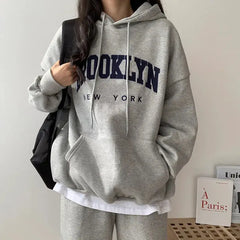 Brooklyn New York Letter Embossed Oversized Pullover Hoodie Casual Loose Sweatshirt