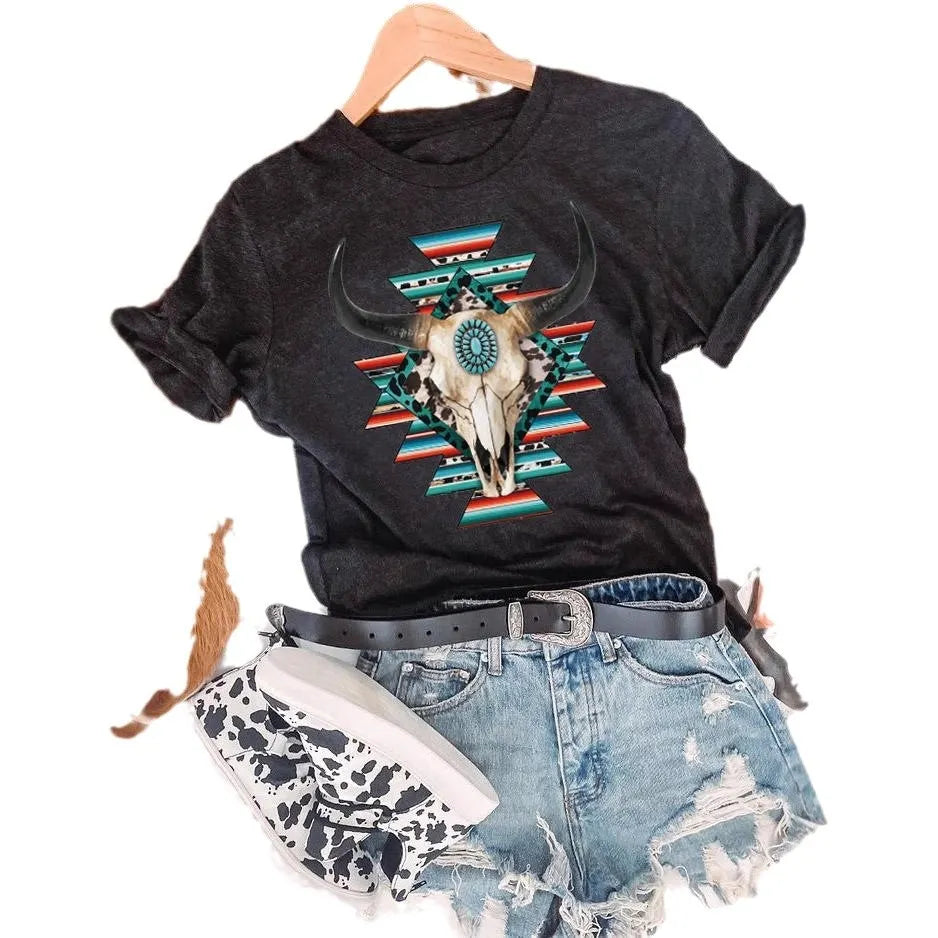 Halloween Skull Face Print Crew Neck Short Sleeve T‑Shirt