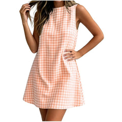 Round Neck Gingham Check Sleeveless Loose A-Line Mini Casual Dress