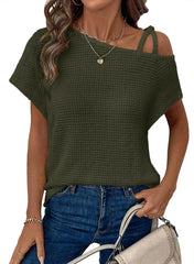 Waffle Knit Asymmetrical Cold Shoulder T-Shirt