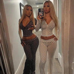 Polka Dot Two-Piece Loungewear Set, Long Sleeve Crop Top & Flare Pants