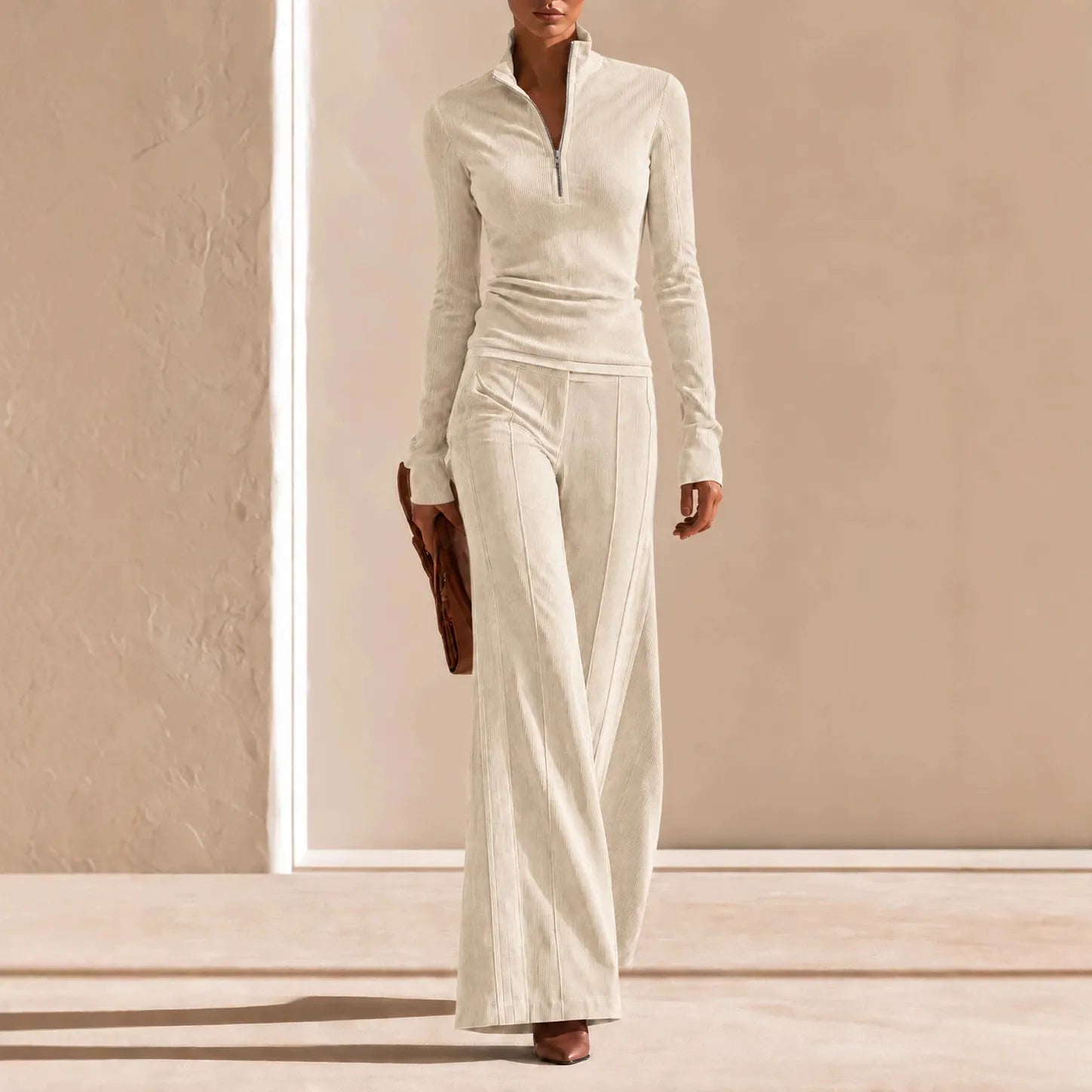 Ribbed Corduroy Matching Set Long Sleeve Quarter Zip Top High Waist Flare Trousers