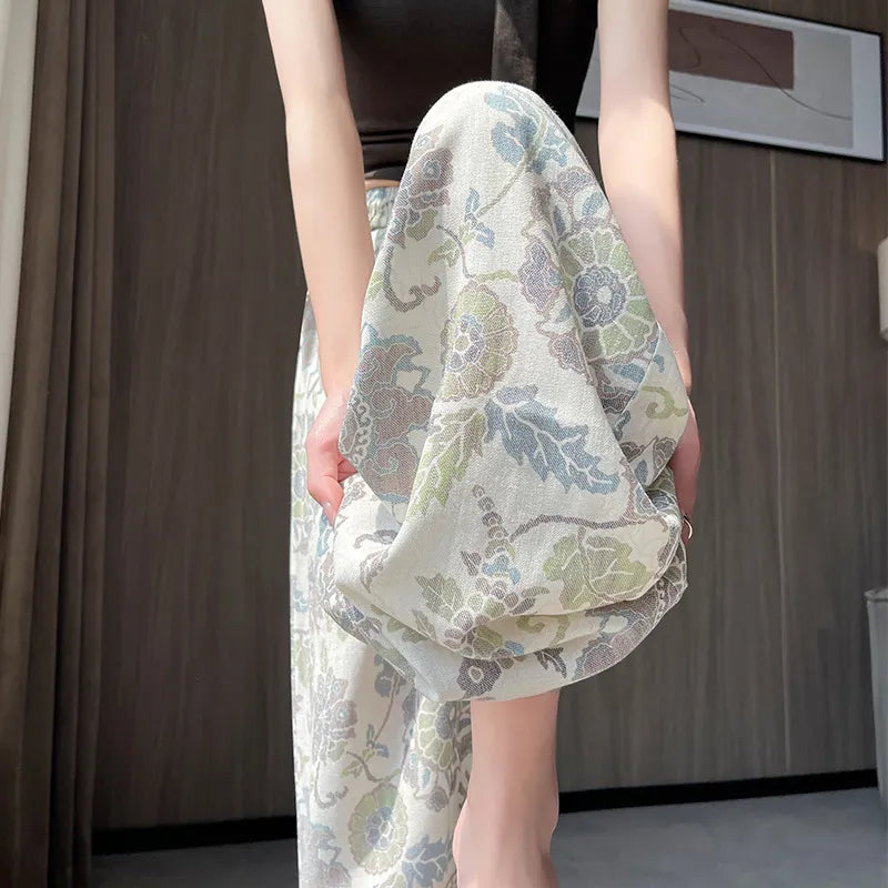 Vintage Floral Print Drawstring High Waist Micro Stretch Wide Leg Long Pants