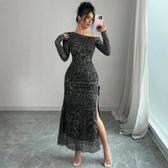 Leopard Print Off-Shoulder Ruched High Slit Long Sleeve Maxi Dress