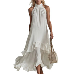 Halter Neck Tiered Ruffle Flowy Midi Chiffon Dress