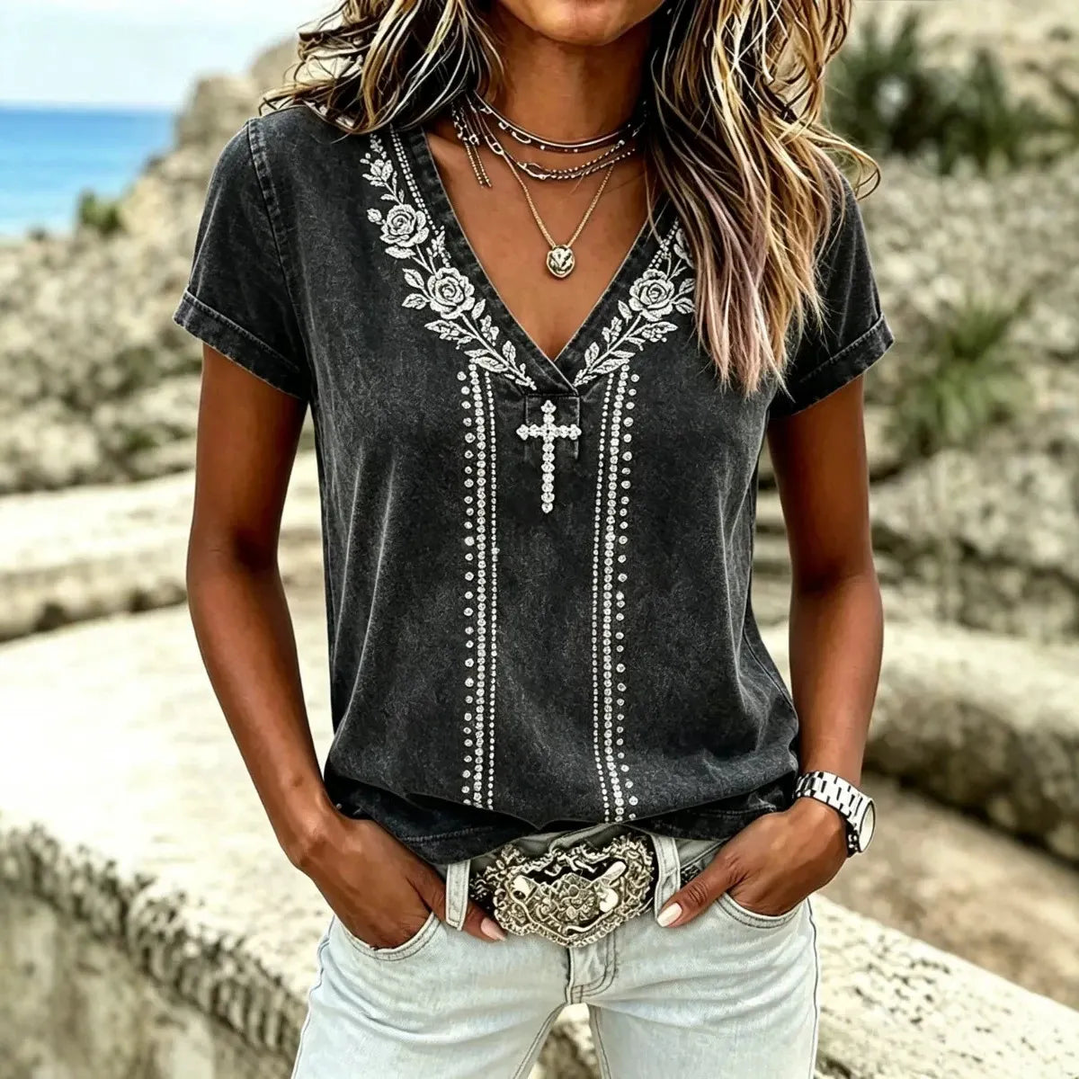 Floral Embroidery V‑Neck Short Sleeve T‑Shirt