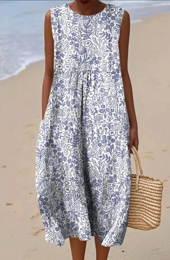 Round Neck Sleeveless 3D Floral Print Loose A-Line Midi Dress
