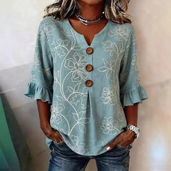 Round Neck Floral Printed Single Breasted 3/4 Ruffle Sleeve Loose Blouse