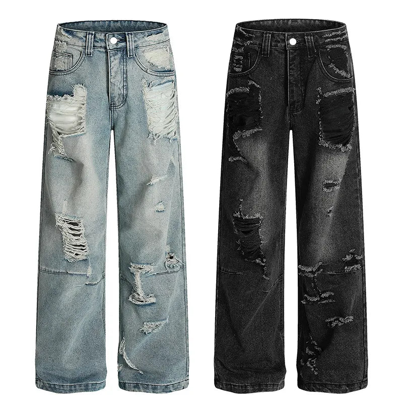 Mid Waist Non-Stretch Ripped Straight Denim Jeans