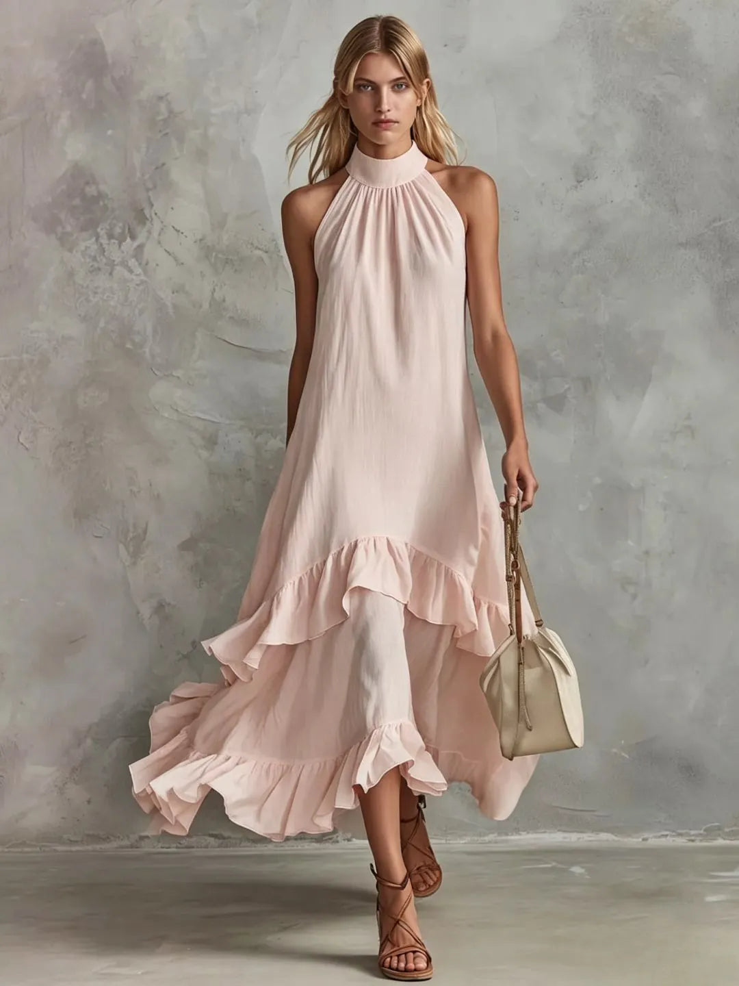 Halter Neck Tiered Ruffle Flowy Midi Chiffon Dress