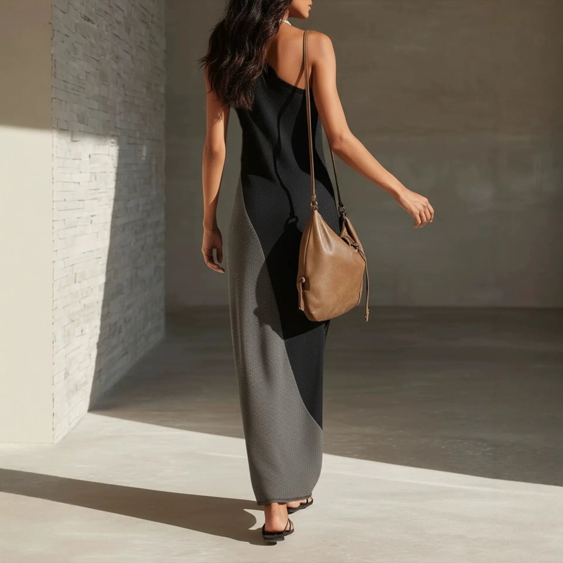 Black & Gray Color-Blocked Asymmetrical One-Shoulder Cutout Maxi Dress