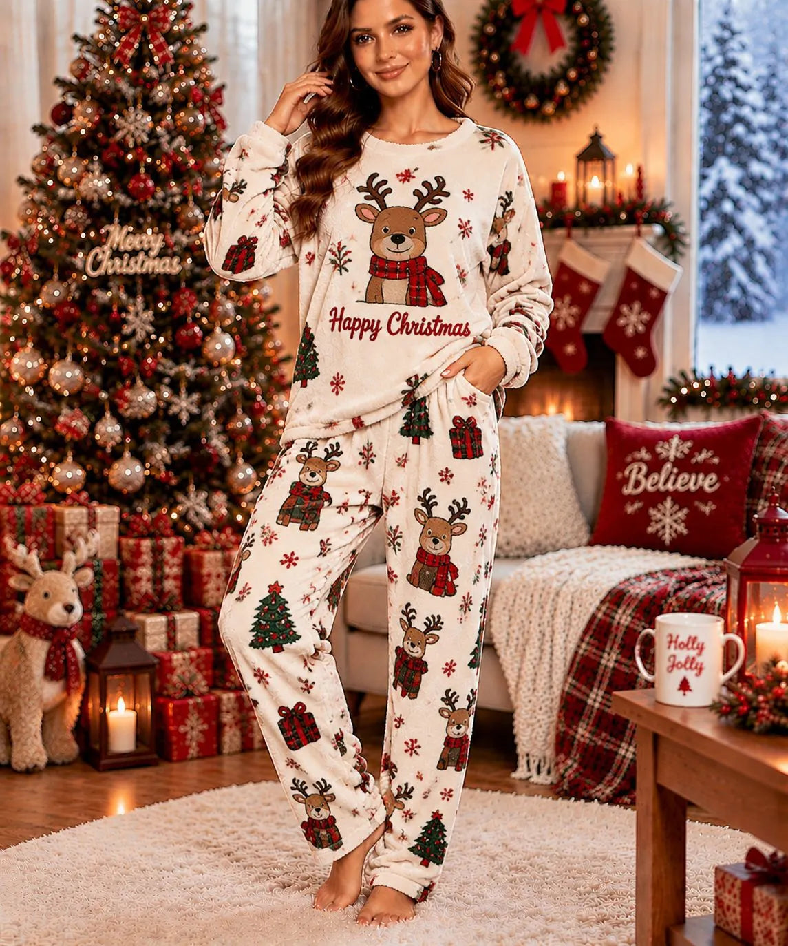 Cute Christmas Snowman Fleece Loungewear Set Round Neck Long Sleeve Top & Elastic Waist Full Length Pants