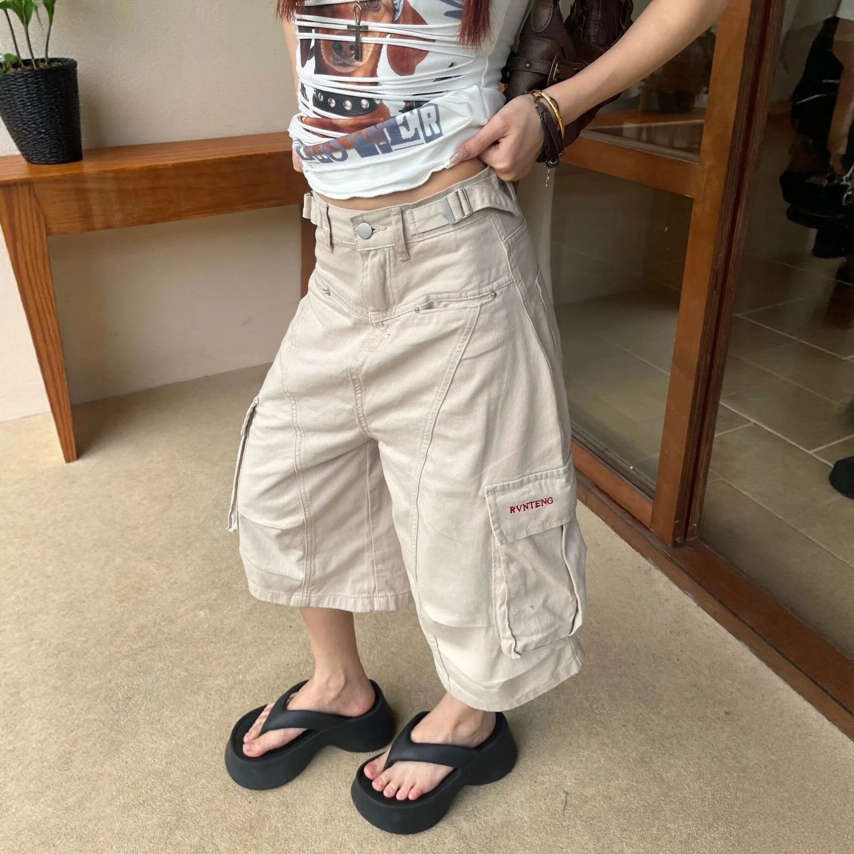 High Waist Loose Cargo Cropped Straight Pants