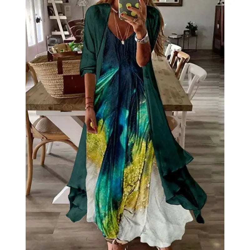 Printed V Neck Cami Long Dress