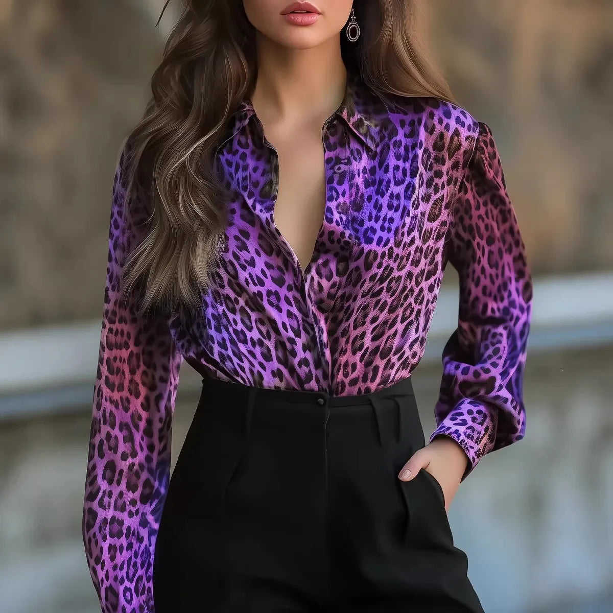 Zebra Print Satin Long Sleeve Button Down Shirt,