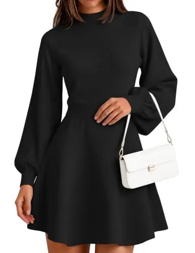 Elegant Mock Neck Knit Dress, Puff Sleeve A-line Mini Dress for Autumn Outfit