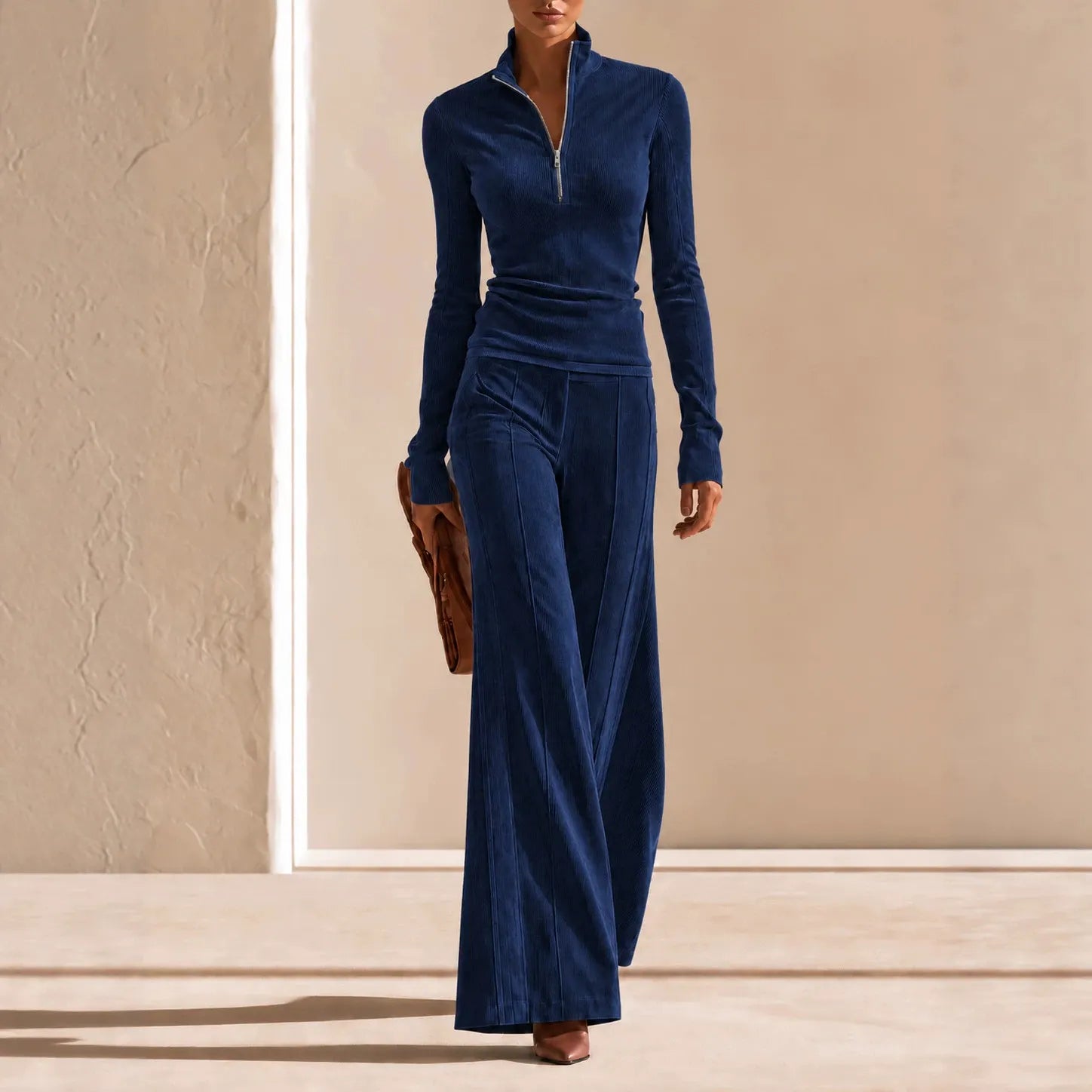 Ribbed Corduroy Matching Set Long Sleeve Quarter Zip Top High Waist Flare Trousers