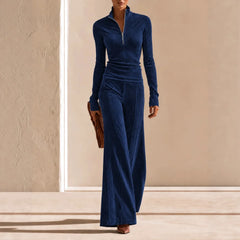 Ribbed Corduroy Matching Set Long Sleeve Quarter Zip Top High Waist Flare Trousers