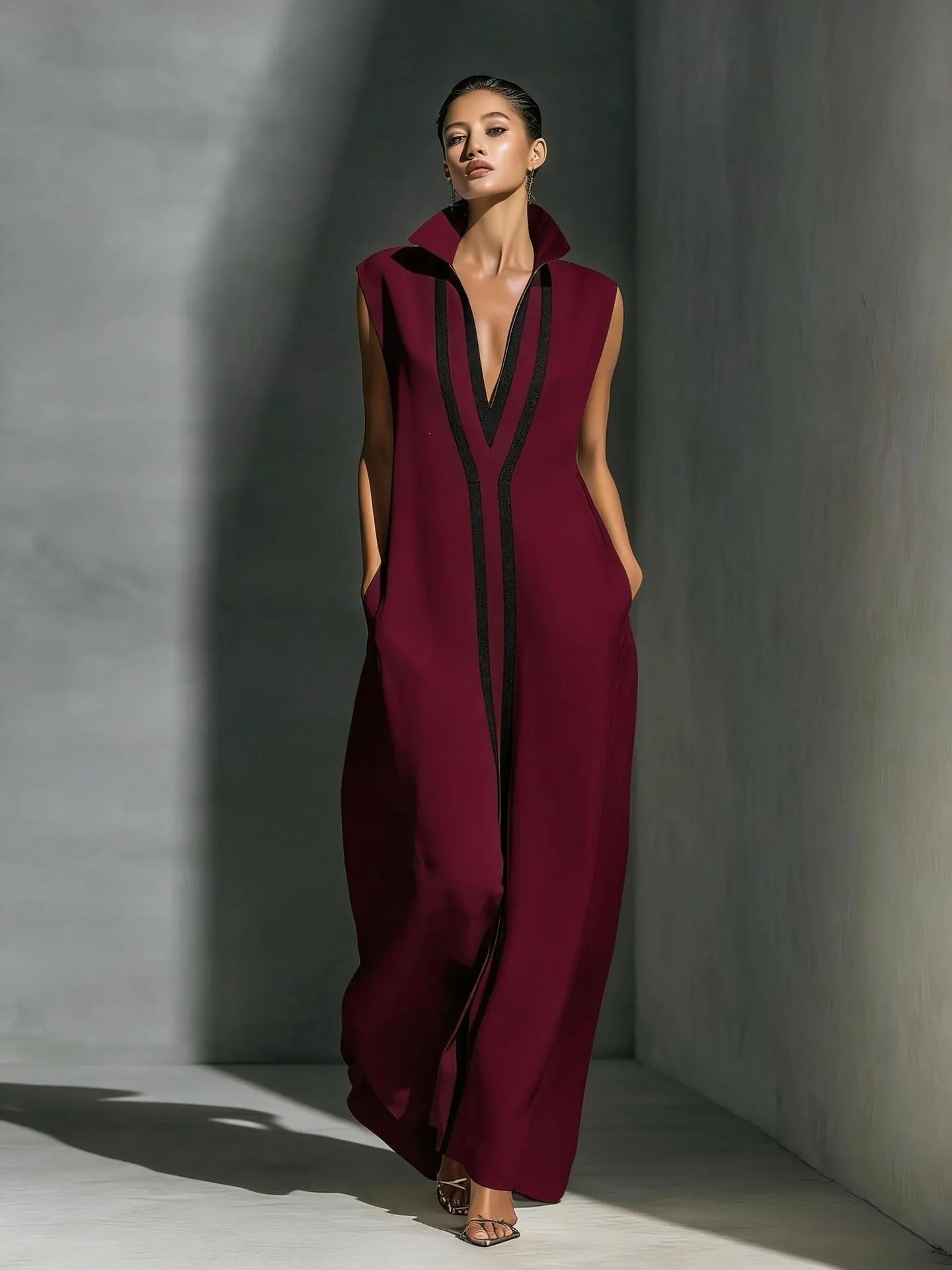 Contrast Piping Deep V-Neck Collared Sleeveless Loose Maxi Dress