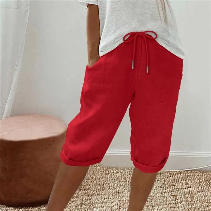 Cotton Linen Drawstring Waist Capri Pants,