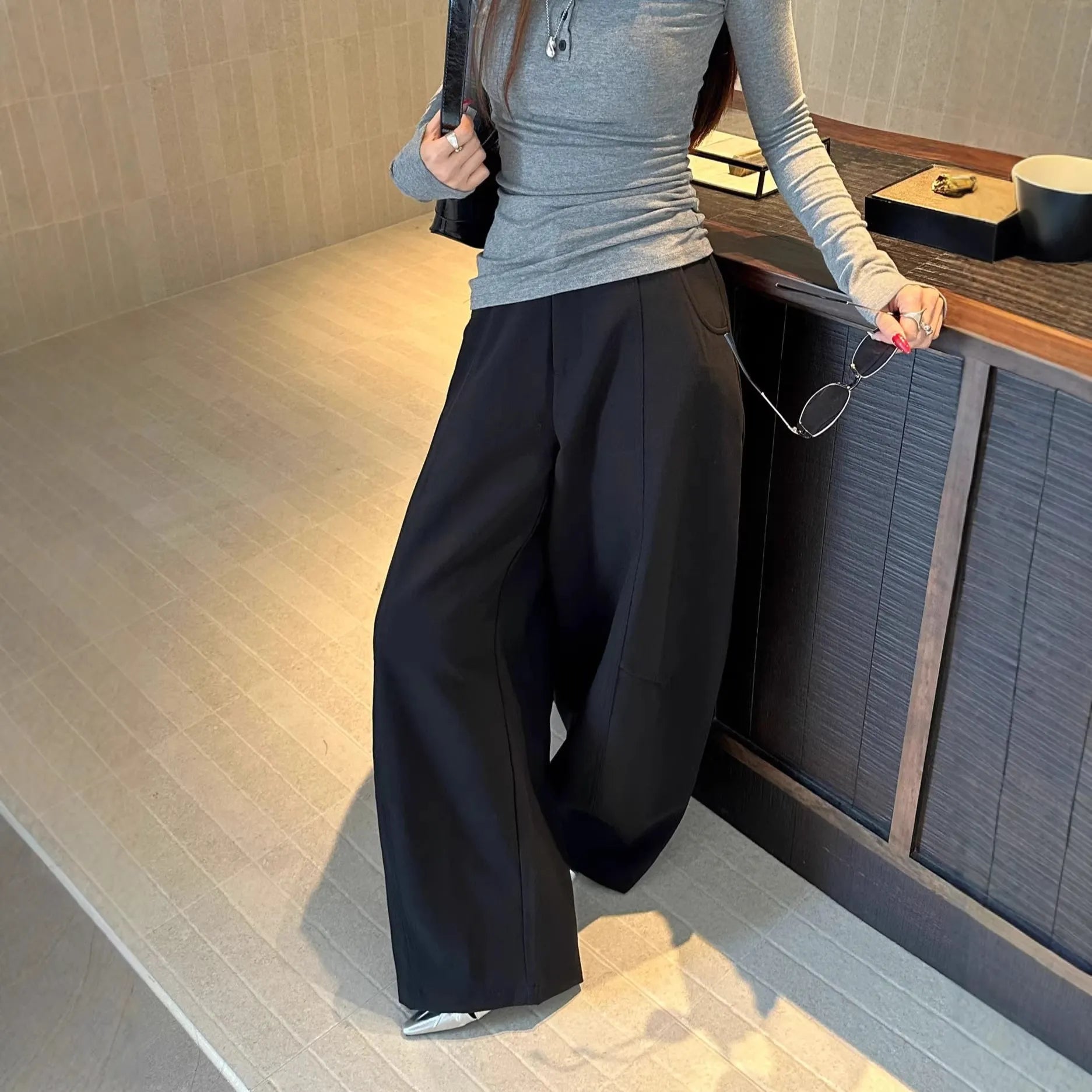 Mid-High Waist 3D Tailored Scimitar Wide Leg Suit Pants