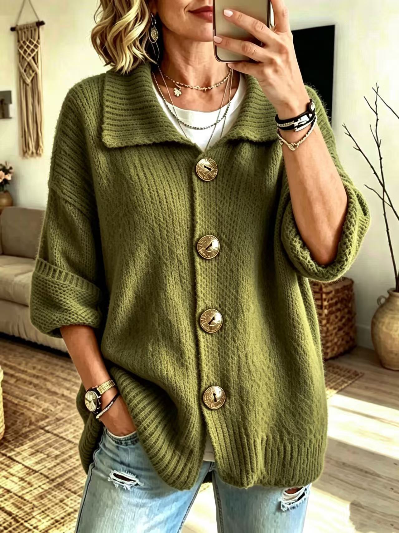 Lapel Collar Button Down Knit Cardigan, 3/4 Sleeve Loose Ribbed Knit Sweater Coat