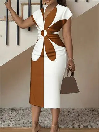 3D Stereoscopic Color Block Deep V-Neck Bodycon Midi Dress