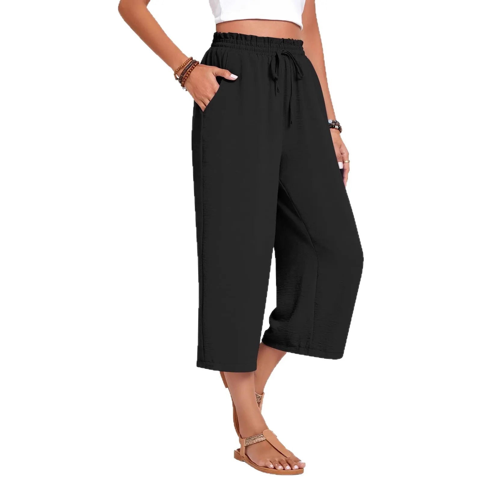 Matching Flowy Linen Look Floral Print Drawstring High Waist Loose Cropped Casual Daily Outfit Pants