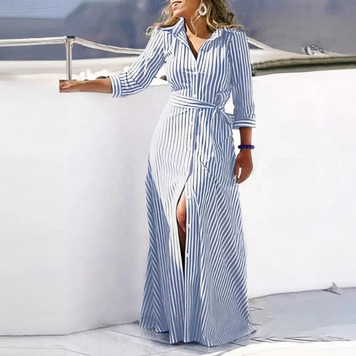 Geometric Print Belted Long Sleeve Maxi Shirt Dress