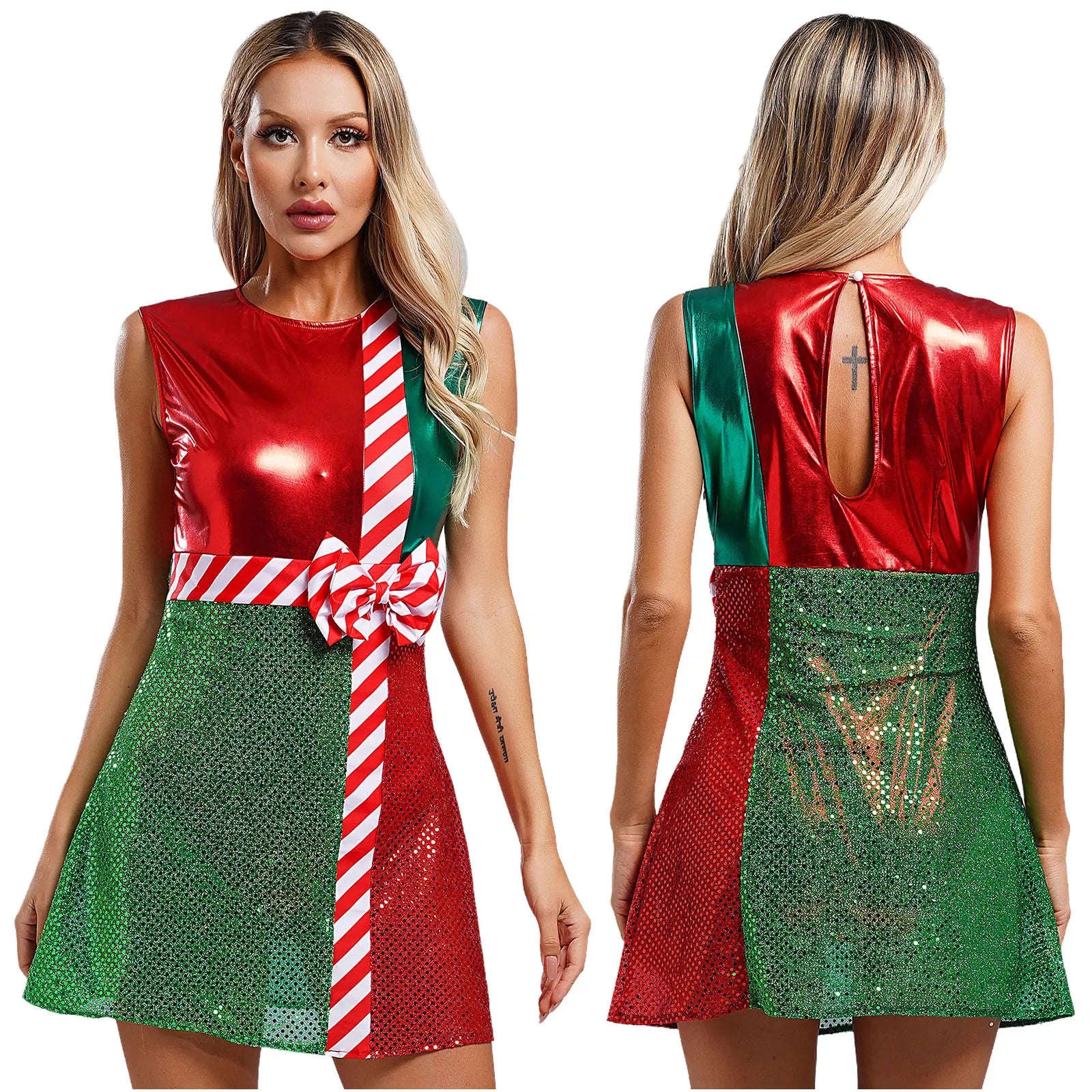 Christmas Sequined Sleeveless Costume Mini Dress, Holiday Party Outfit
