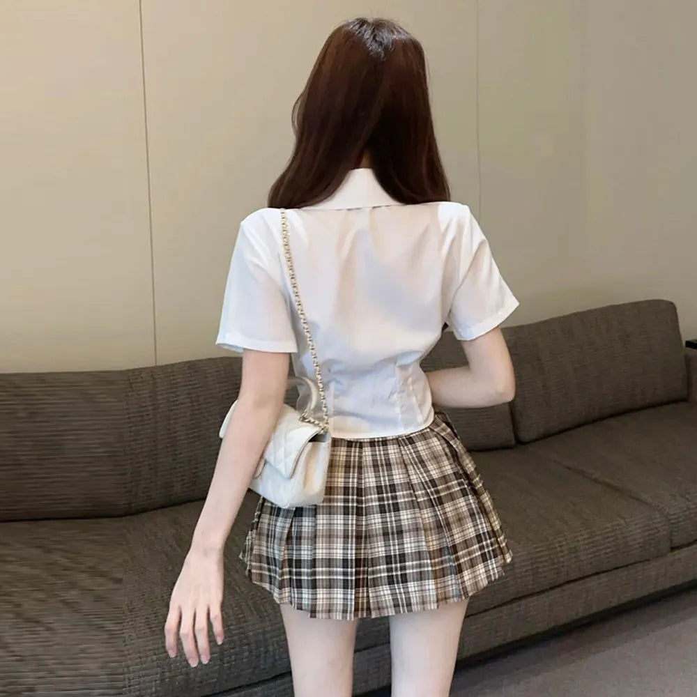 Schoolgirl Style Plaid Skirt & Fitted Shirt Two-Piece Set