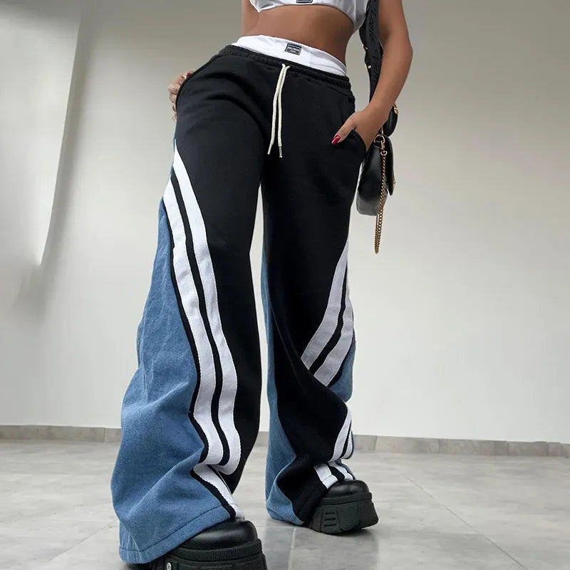 Black Color Block Striped Spliced Wide Leg Pants