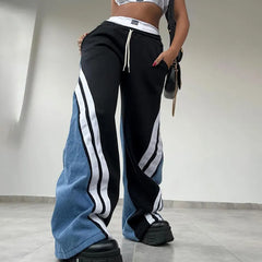 Black Color Block Striped Spliced Wide Leg Pants