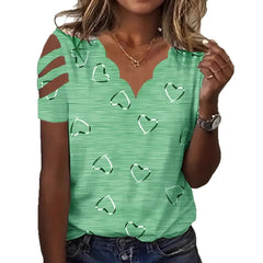 Scalloped V-Neck Cutout Short Sleeve Outline Heart Print Loose Casual Tee