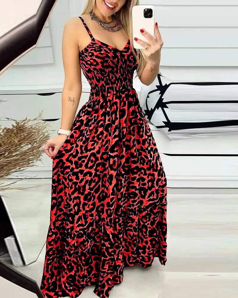 Leopard Print Smocked Waist Maxi Dress