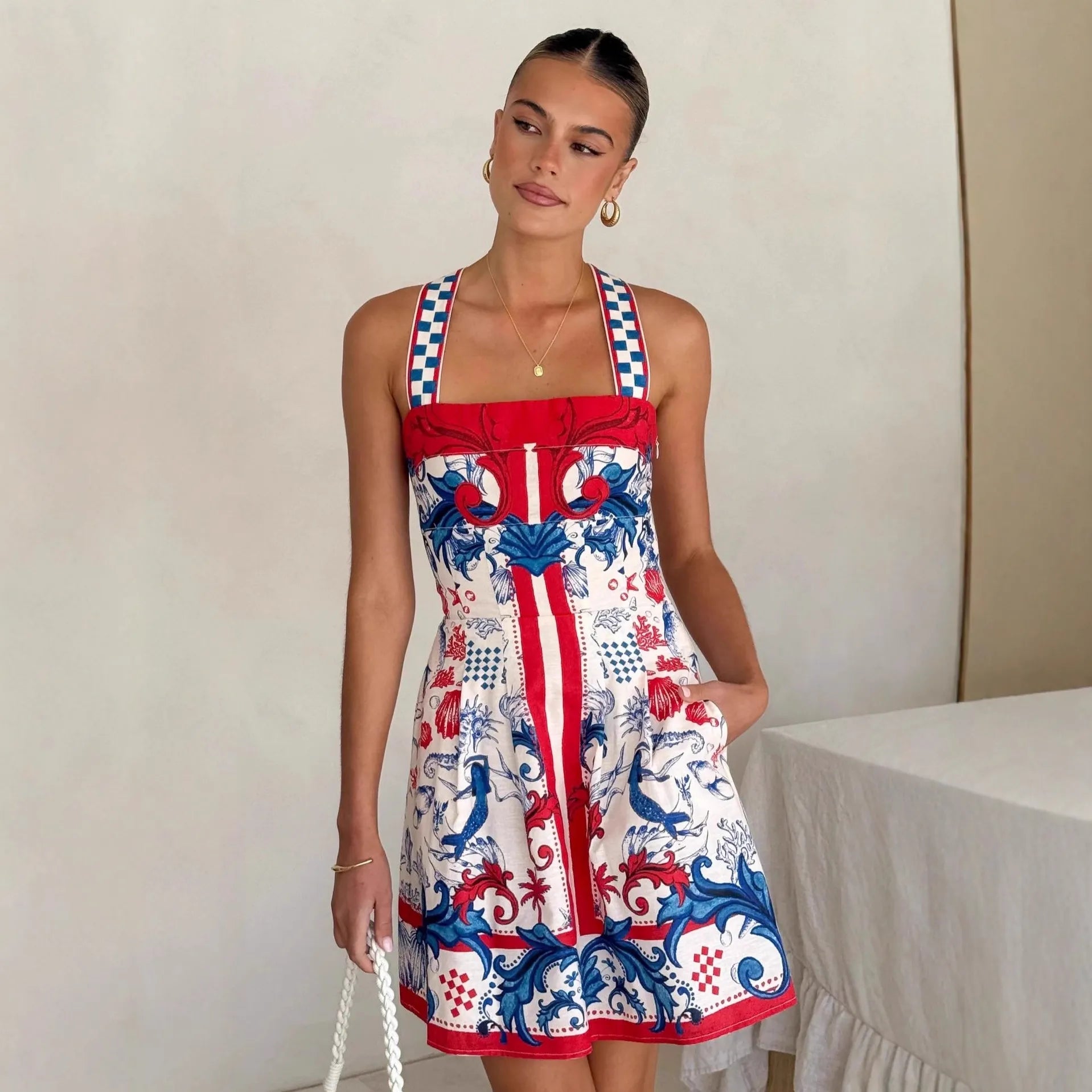 Printed Square-Neck A-Line Mini Dress