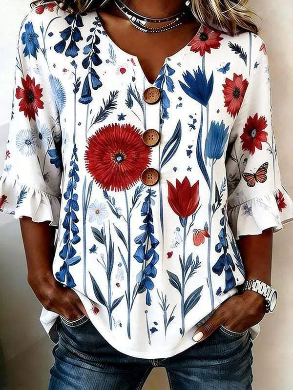Round Neck Floral Printed Single Breasted 3/4 Ruffle Sleeve Loose Blouse