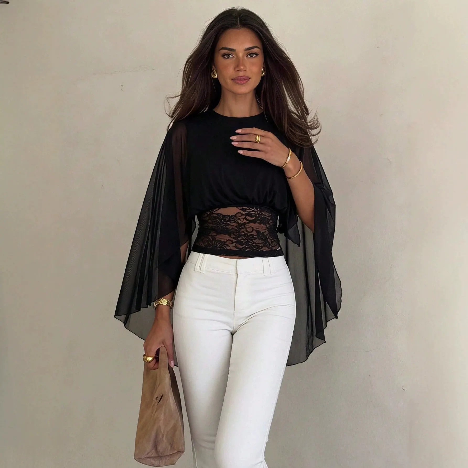 Black Chiffon Cape Sleeve Top | Lace Waist Cutout Cropped Blouse