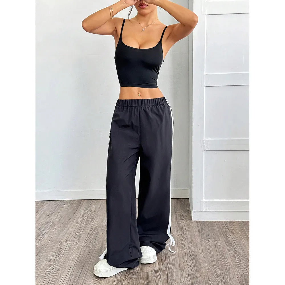 Street Striped Drawstring Wide Leg Casual Pants