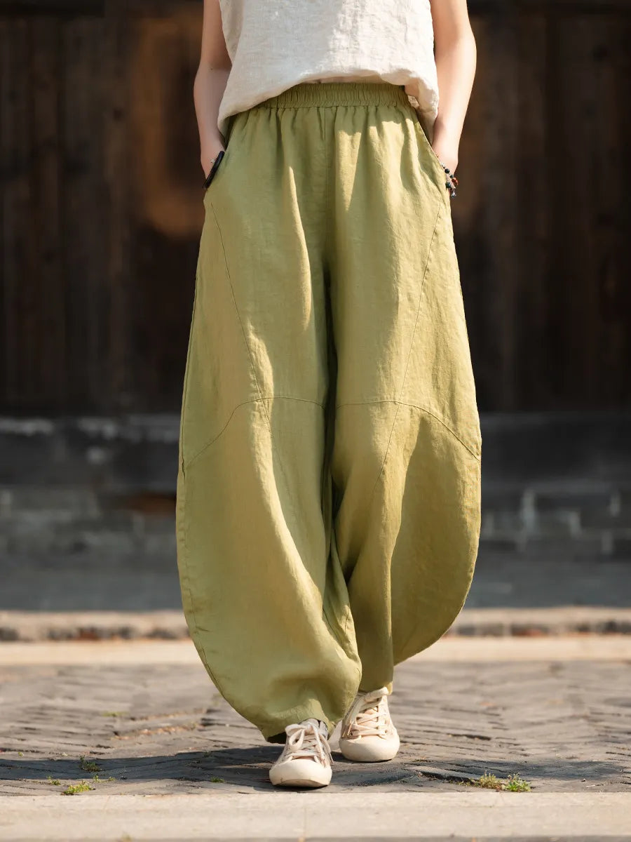 Matching Flowy Linen Elastic Drawstring Waist Spliced Retro Zen Loose Harem Long Casual Daily Outfit Pants