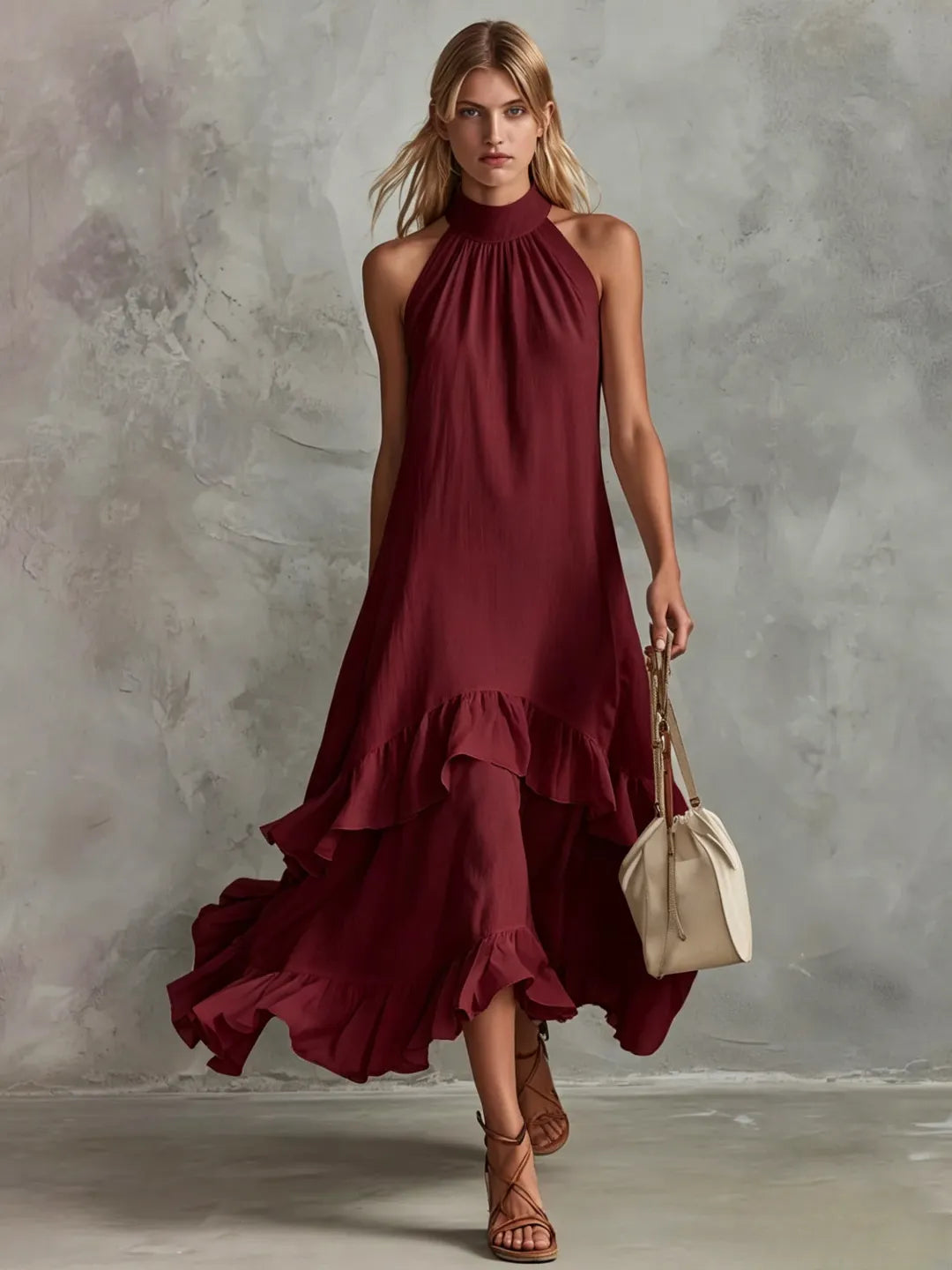 Halter Neck Tiered Ruffle Flowy Midi Chiffon Dress