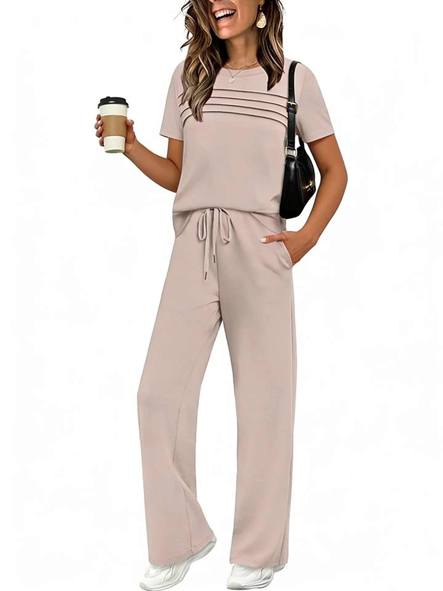 Short Sleeve Ruched Top & Drawstring Wide-Leg Pants Set