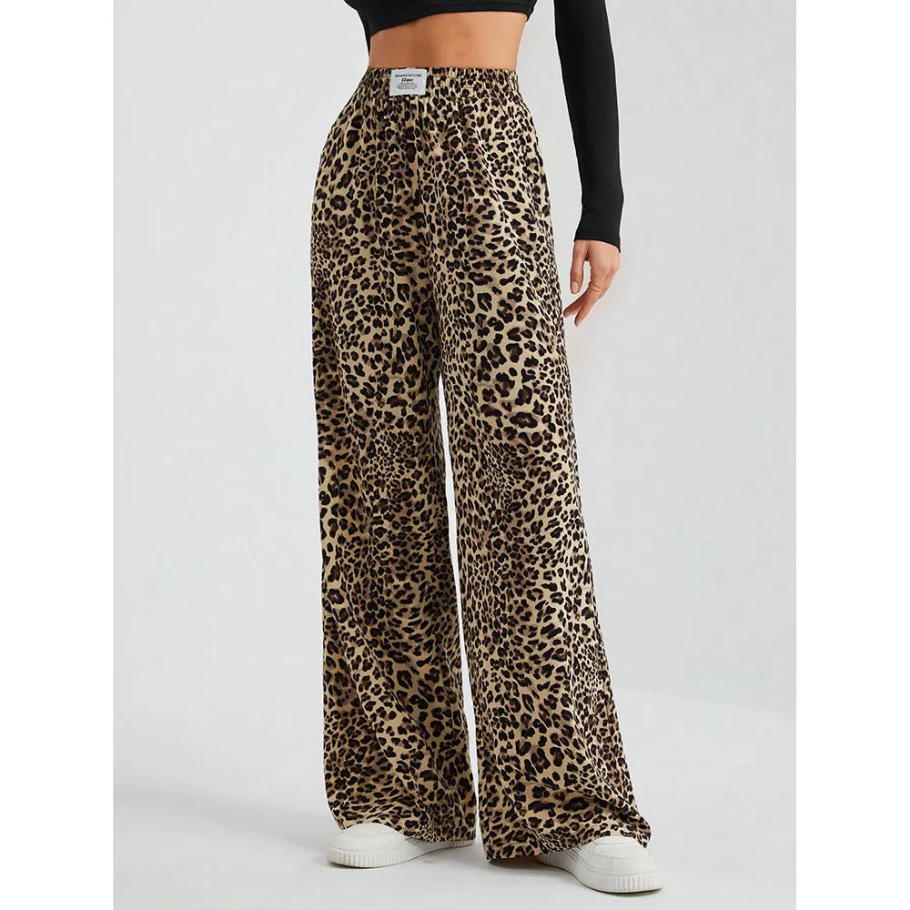High Waist Leopard Print Straight Wide Leg Pants