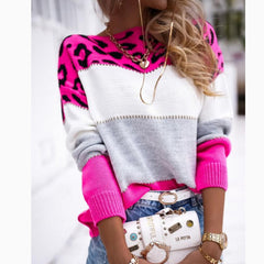 Grey White Pink Leopard Spliced Knit Top, Ladies Crewneck Color Block Casual Sweater