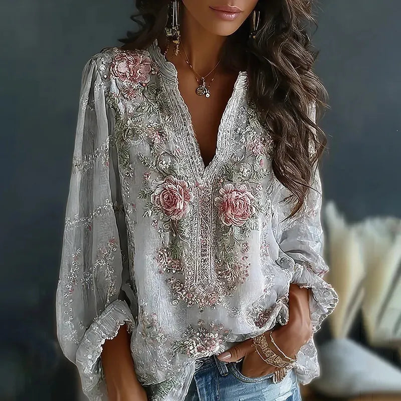 3D Digital Print V-Neck Lantern Long Sleeve Retro Casual Blouse