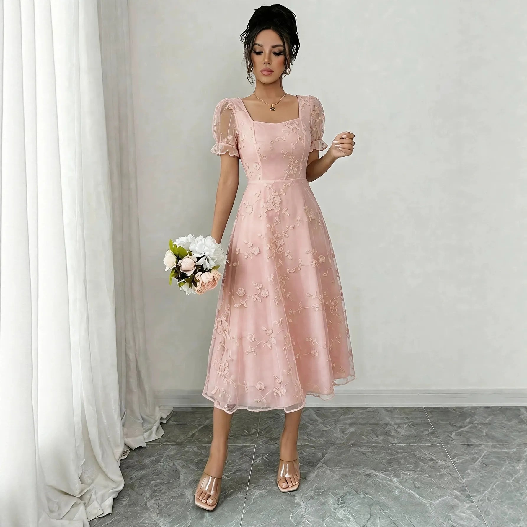 Solid Square Neck Ruffle Short Sleeve 3D Floral Embroidery High Waist A-Line Midi Dress