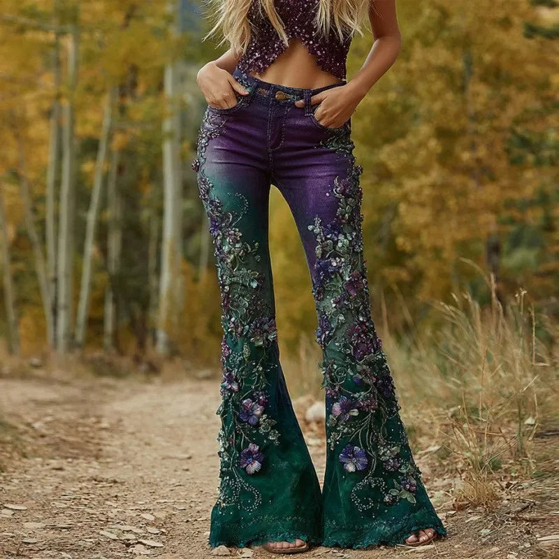 Retro Floral Embossed Flare Jeans